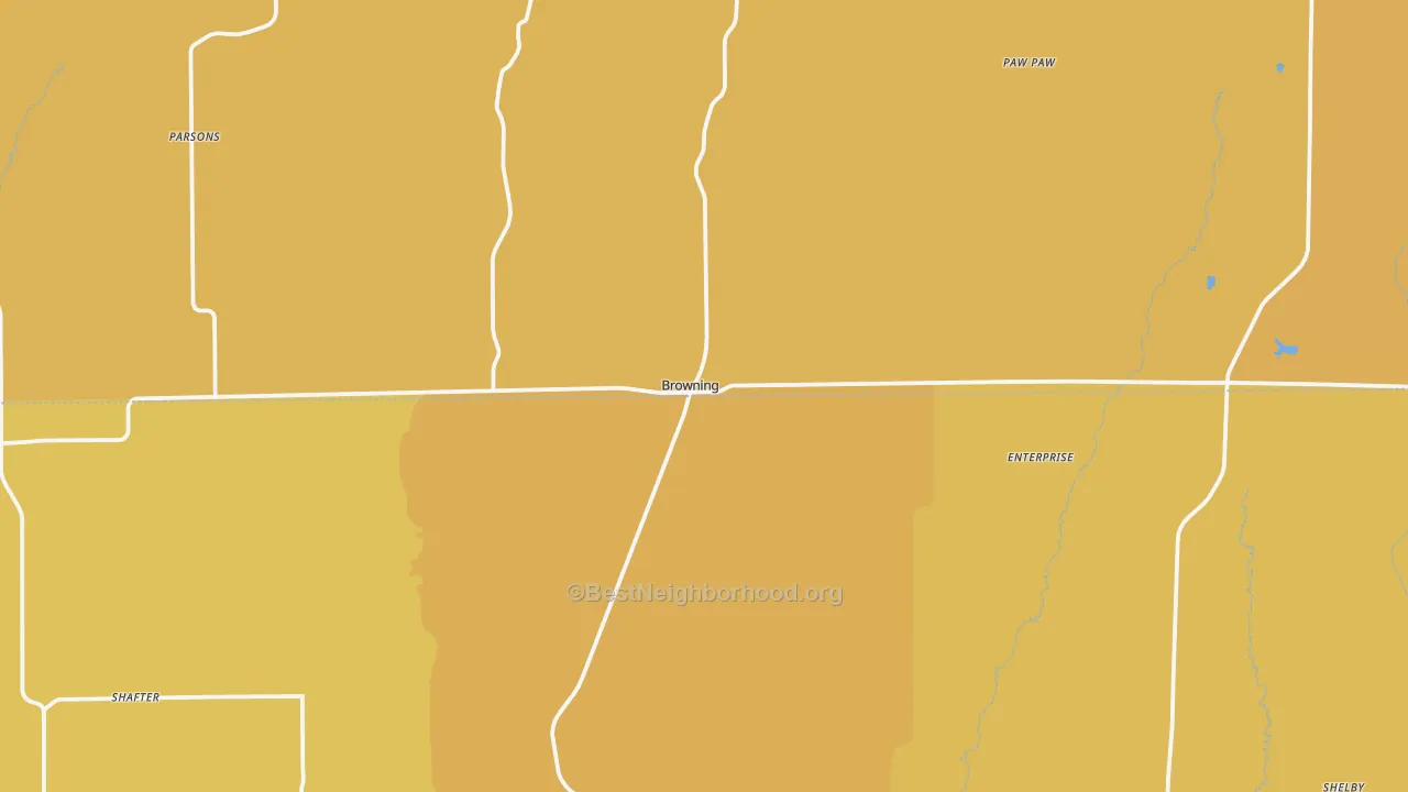 Map of the best neighborhoods in the 64630 area, with better matches in green and worse matches in red