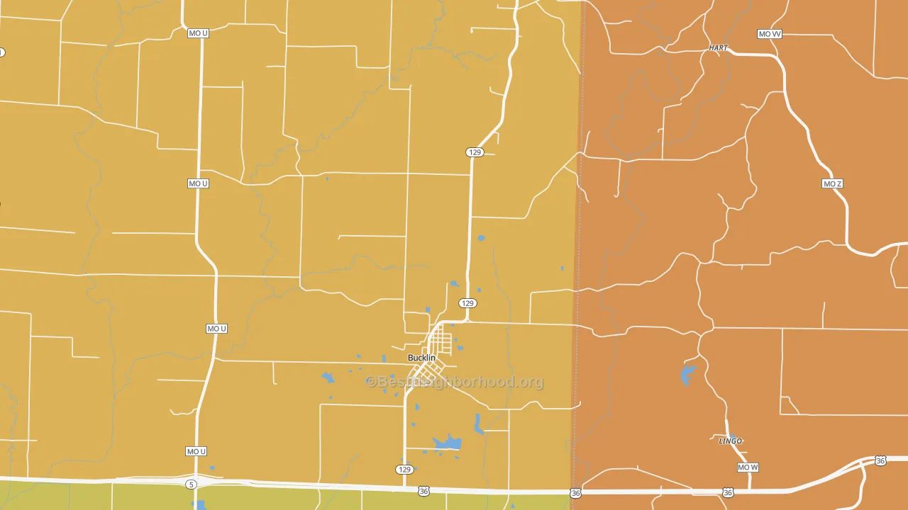 Map of the best neighborhoods in the 64631 area, with better matches in green and worse matches in red