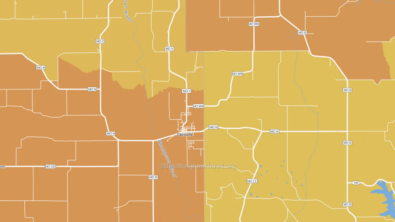 Map of the best neighborhoods in the 64632 area, with better matches in green and worse matches in red