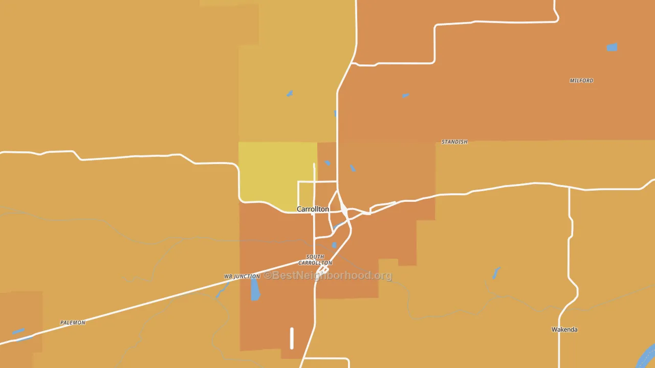 Map of the best neighborhoods in the 64633 area, with better matches in green and worse matches in red