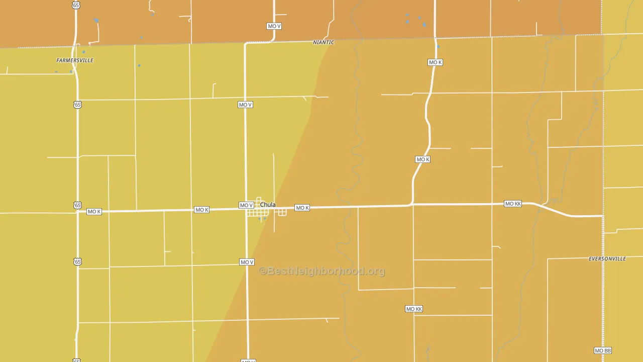 Map of the best neighborhoods in the 64635 area, with better matches in green and worse matches in red