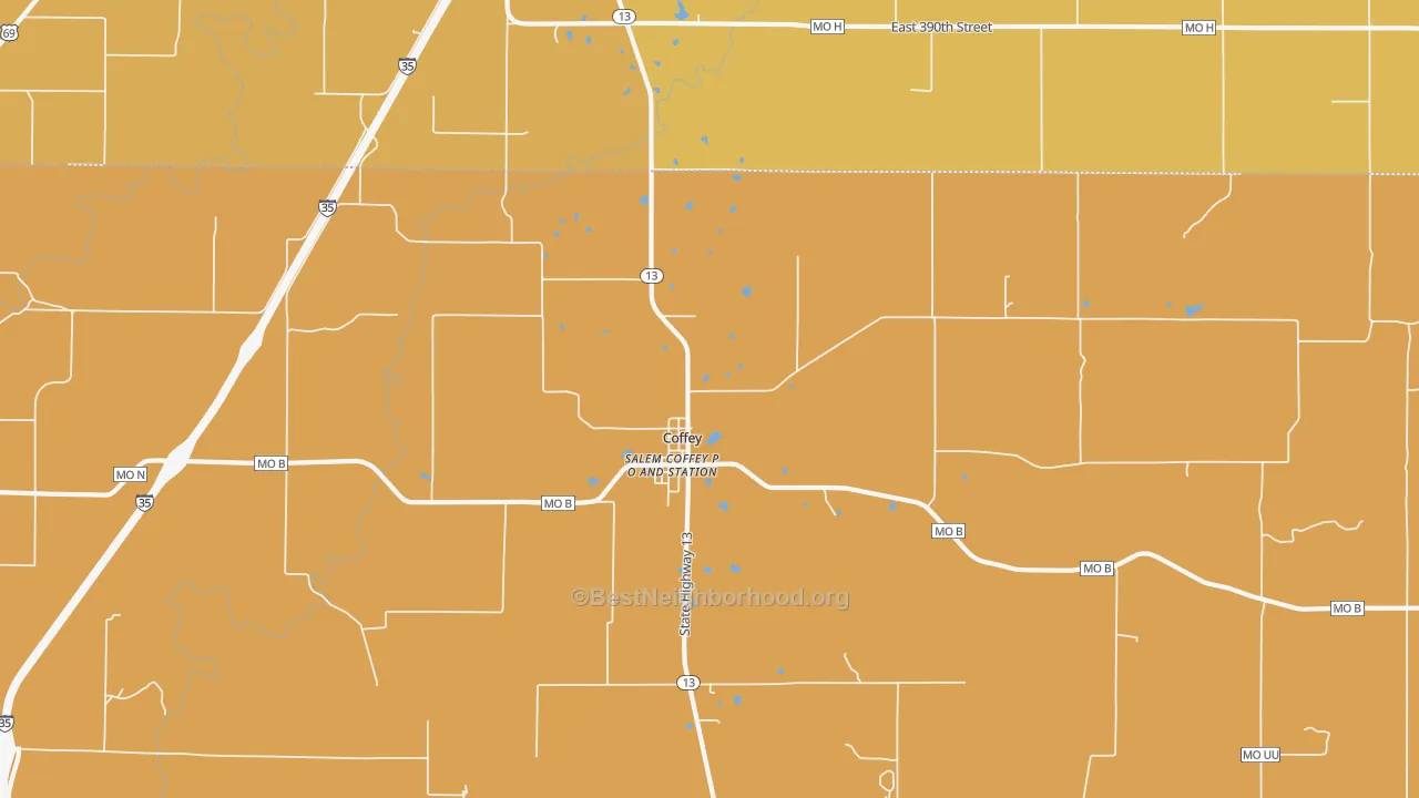 Map of the best neighborhoods in the 64636 area, with better matches in green and worse matches in red