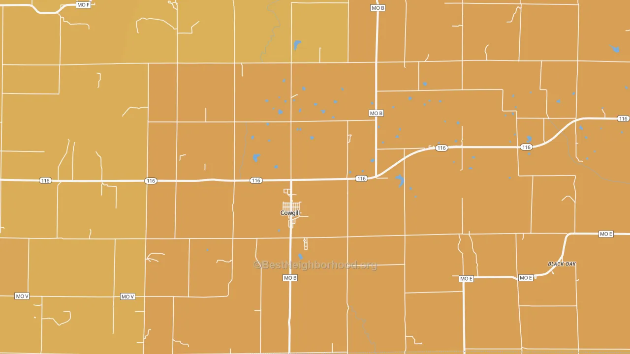 Map of the best neighborhoods in the 64637 area, with better matches in green and worse matches in red