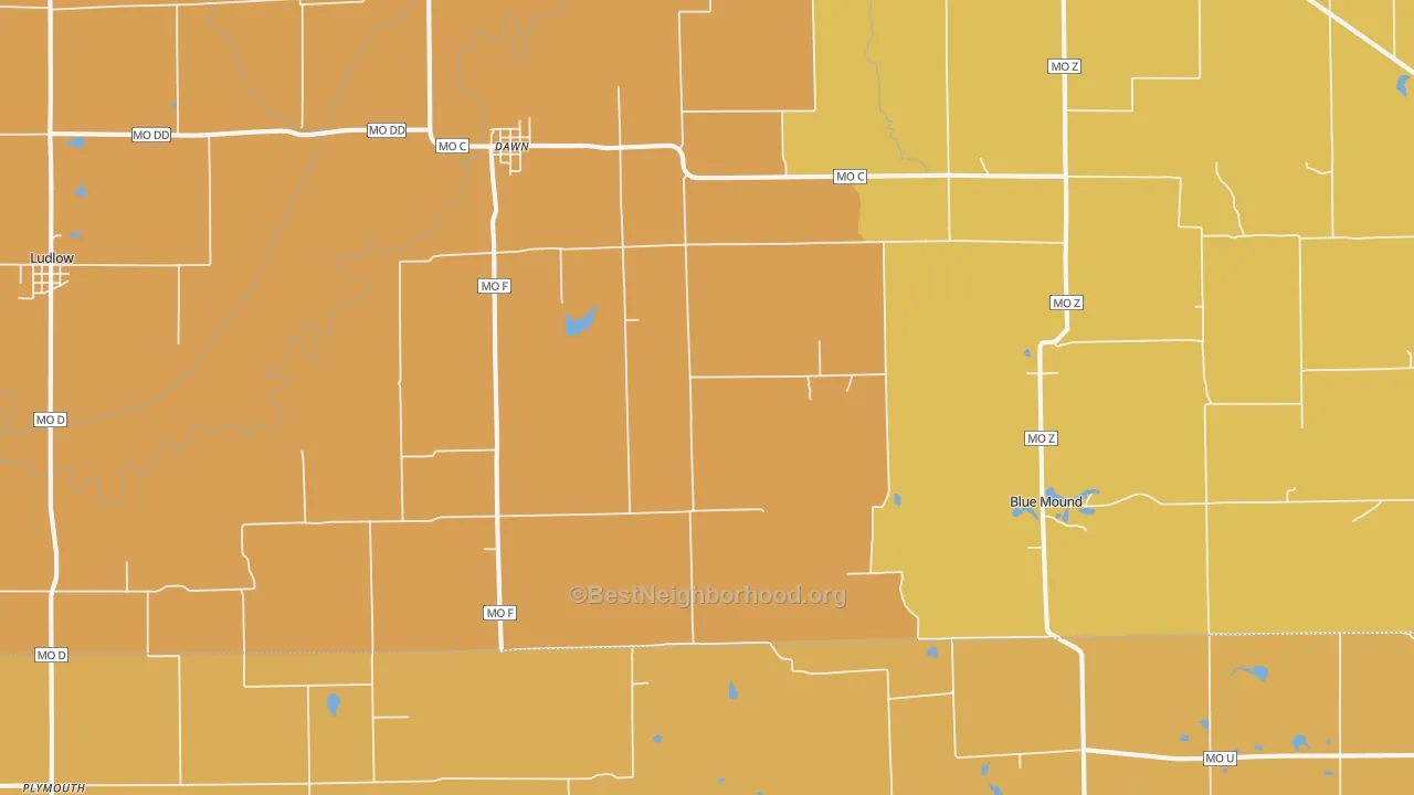 Map of the best neighborhoods in the 64638 area, with better matches in green and worse matches in red