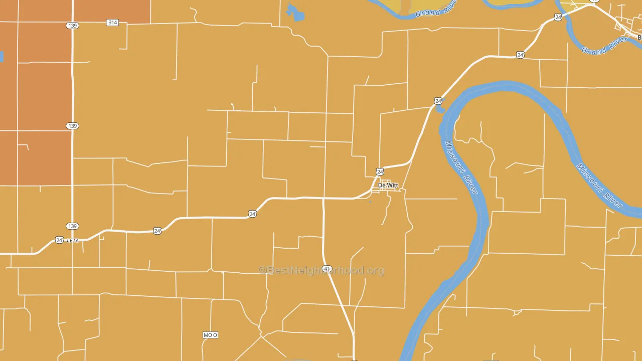 Map of the best neighborhoods in the 64639 area, with better matches in green and worse matches in red