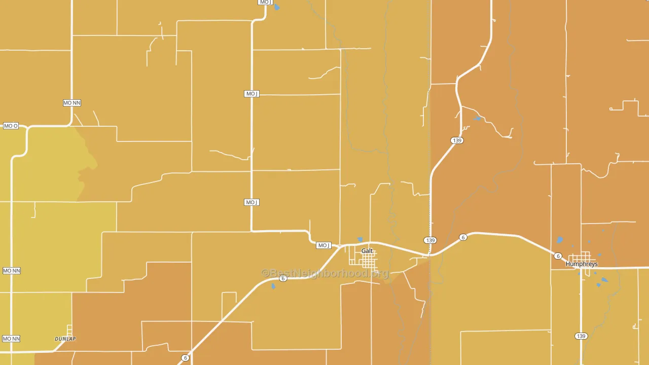 Map of the best neighborhoods in the 64641 area, with better matches in green and worse matches in red