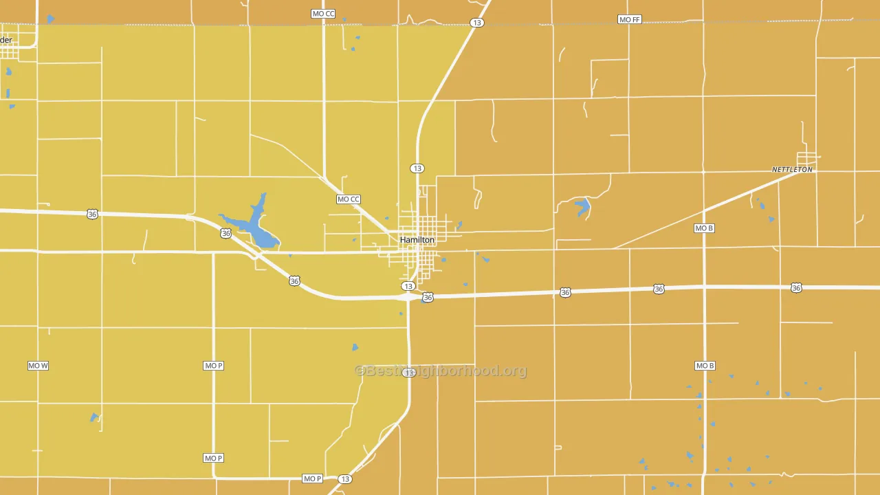 Map of the best neighborhoods in the 64644 area, with better matches in green and worse matches in red