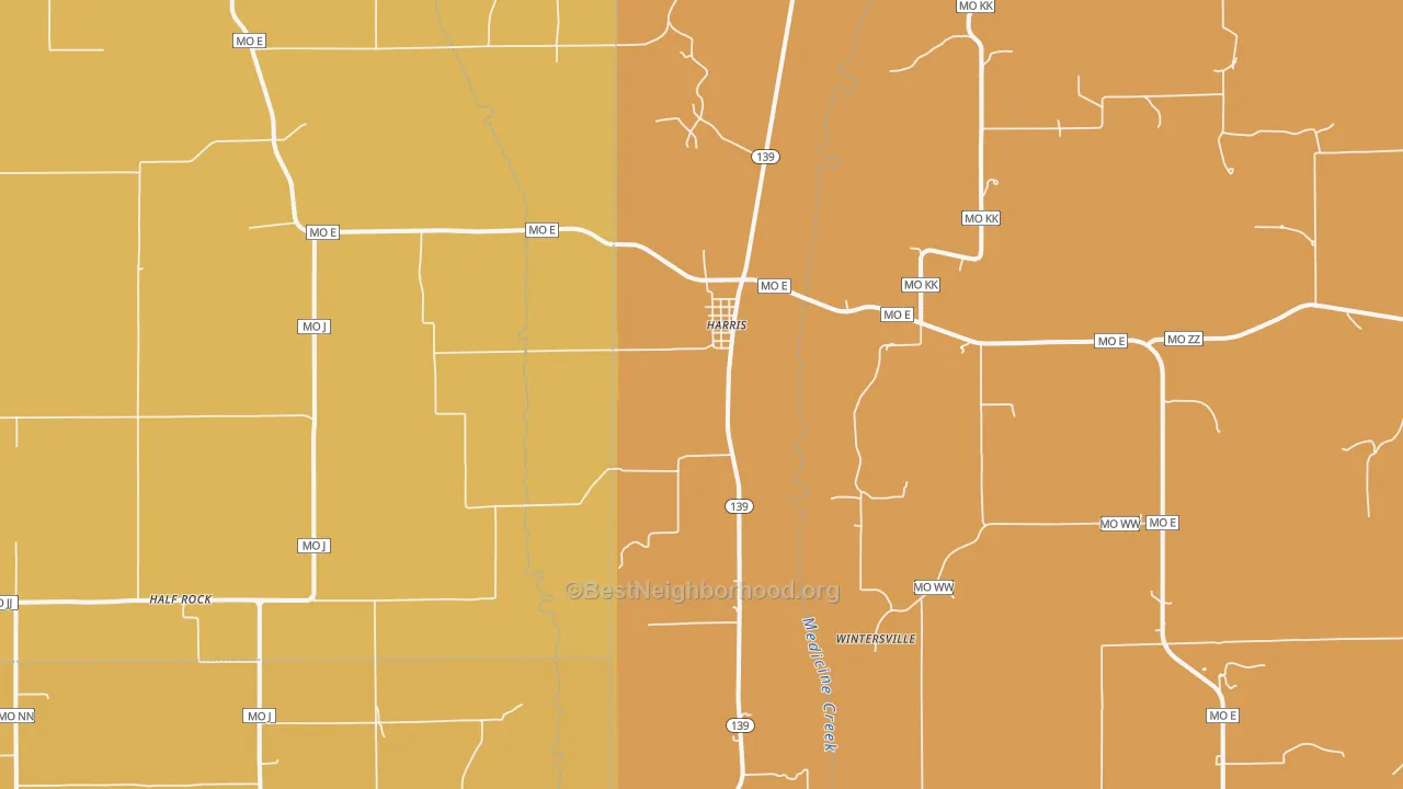 Map of the best neighborhoods in the 64645 area, with better matches in green and worse matches in red