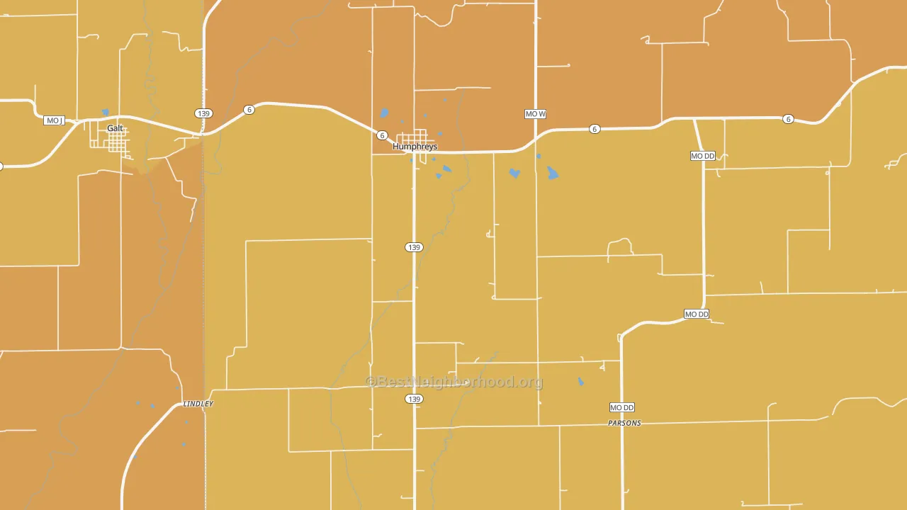 Map of the best neighborhoods in the 64646 area, with better matches in green and worse matches in red