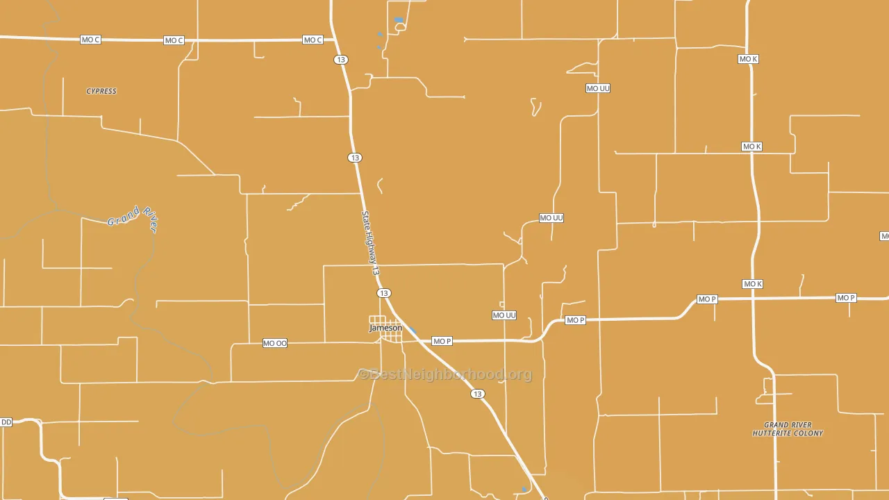 Map of the best neighborhoods in the 64647 area, with better matches in green and worse matches in red