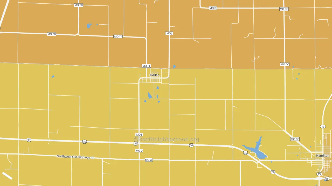 Map of the best neighborhoods in the 64649 area, with better matches in green and worse matches in red