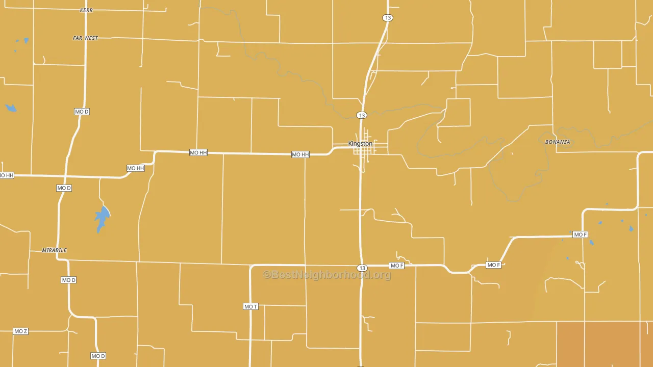 Map of the best neighborhoods in the 64650 area, with better matches in green and worse matches in red