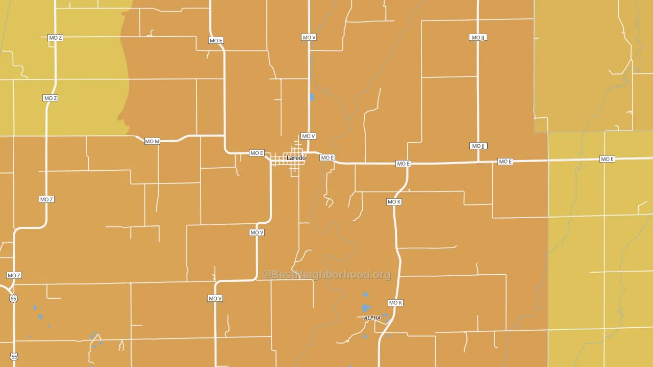 Map of the best neighborhoods in the 64652 area, with better matches in green and worse matches in red