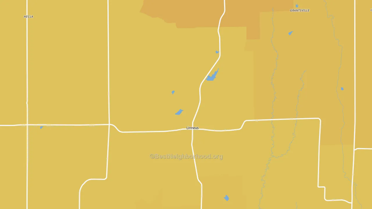 Map of the best neighborhoods in the 64653 area, with better matches in green and worse matches in red