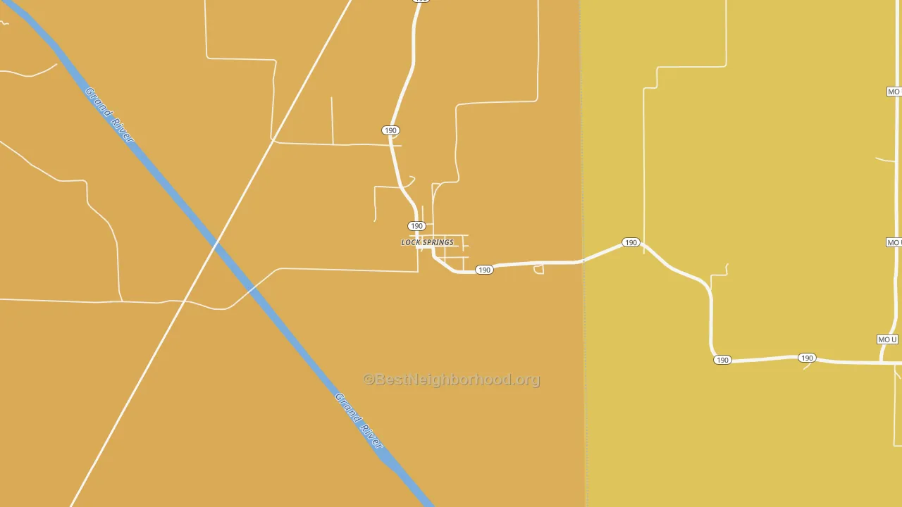 Map of the best neighborhoods in the 64654 area, with better matches in green and worse matches in red