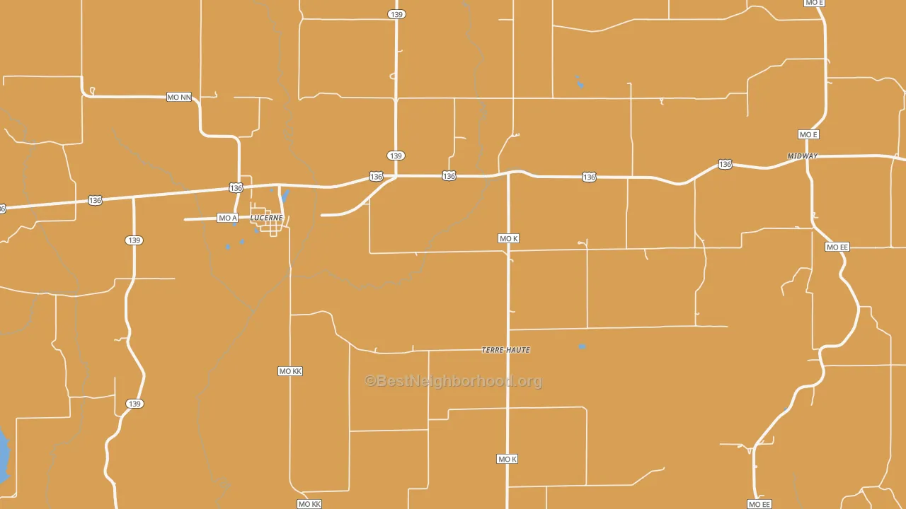 Map of the best neighborhoods in the 64655 area, with better matches in green and worse matches in red