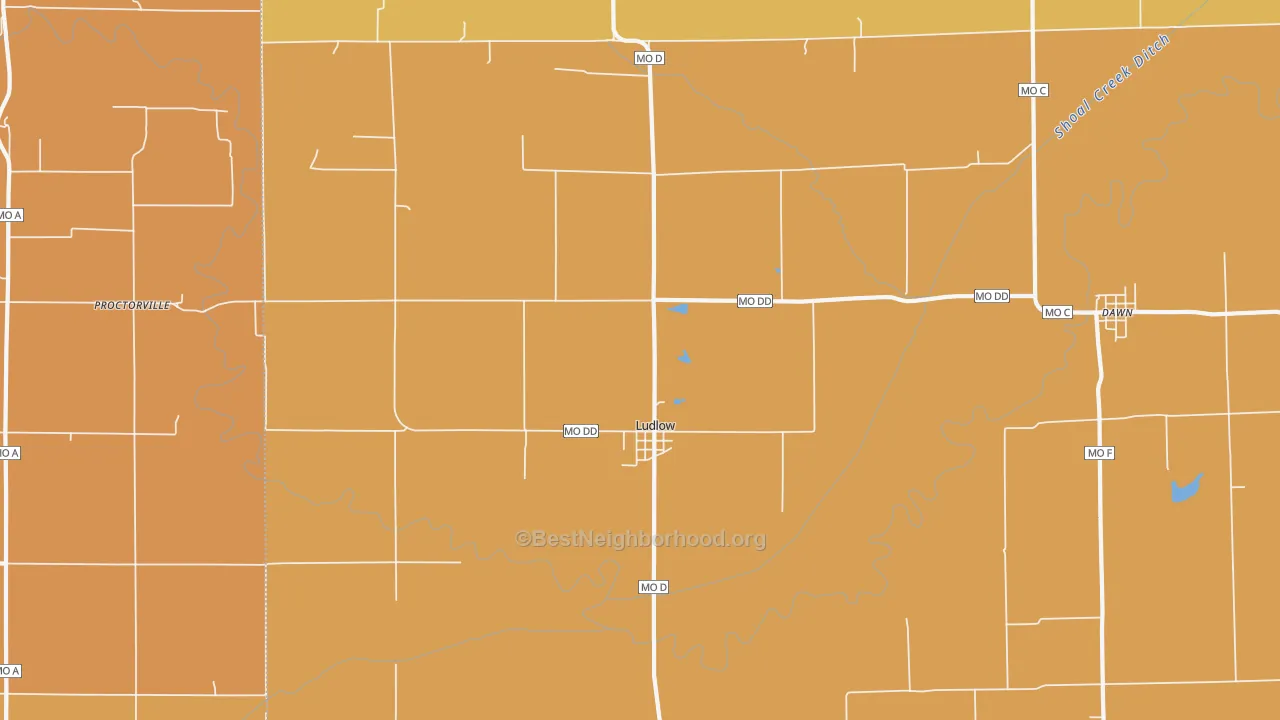 Map of the best neighborhoods in the 64656 area, with better matches in green and worse matches in red