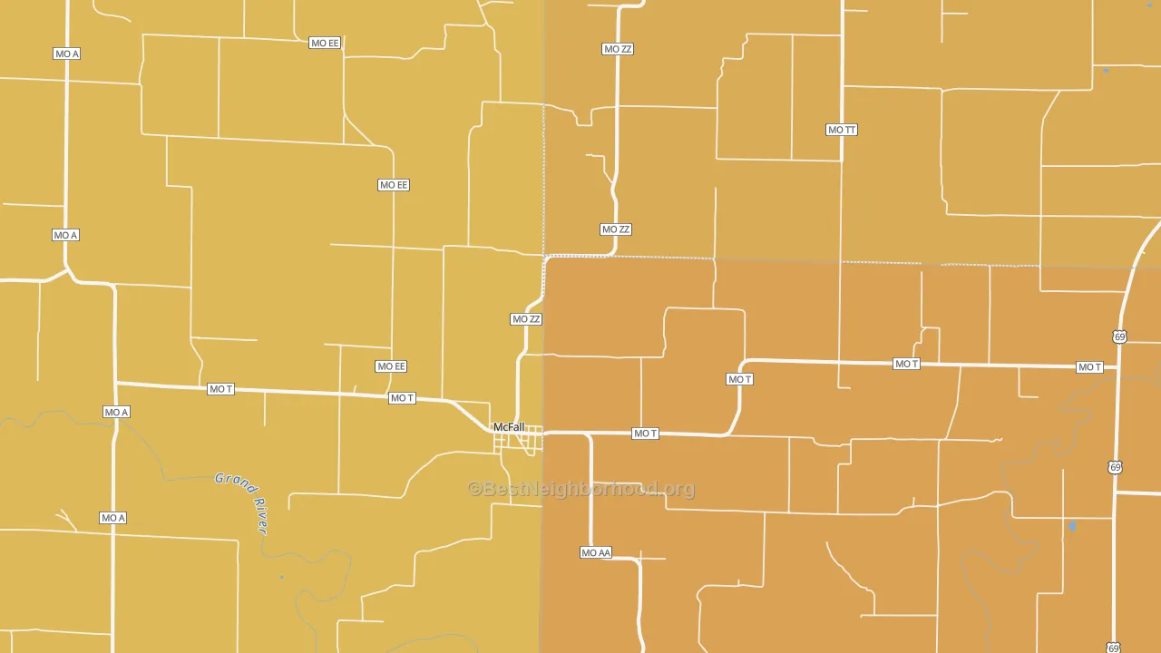 Map of the best neighborhoods in the 64657 area, with better matches in green and worse matches in red