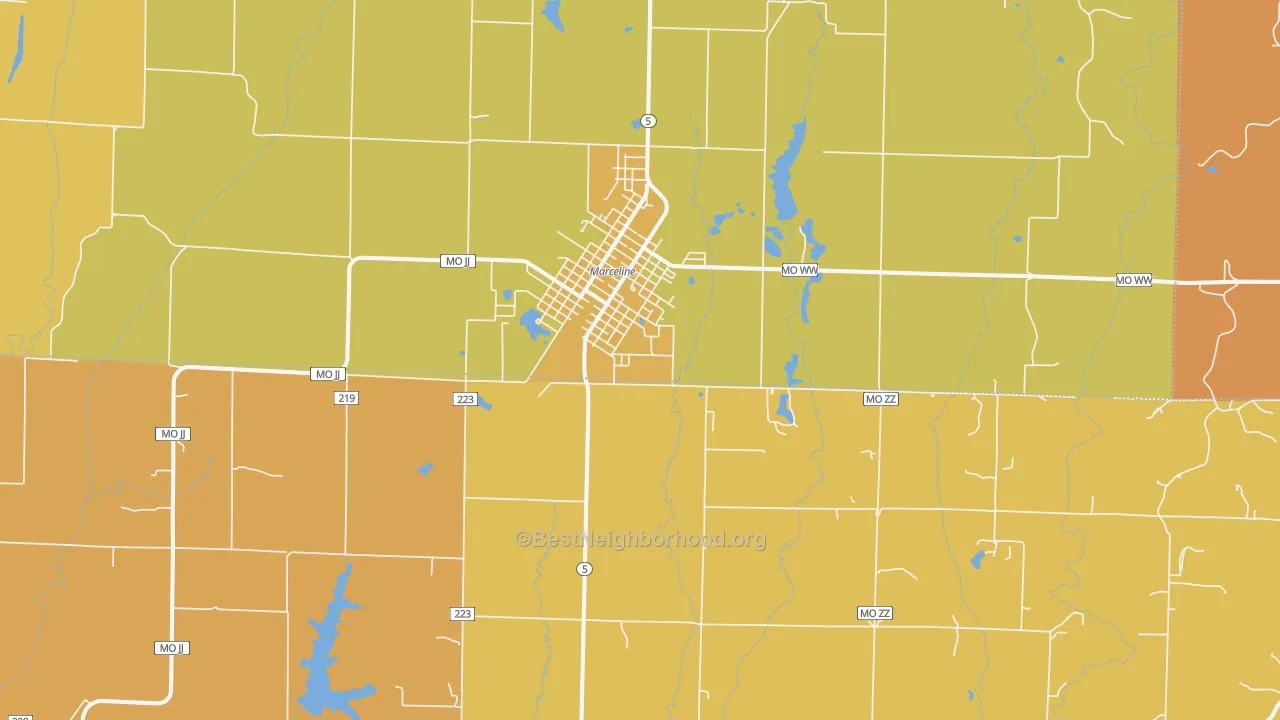 Map of the best neighborhoods in the 64658 area, with better matches in green and worse matches in red