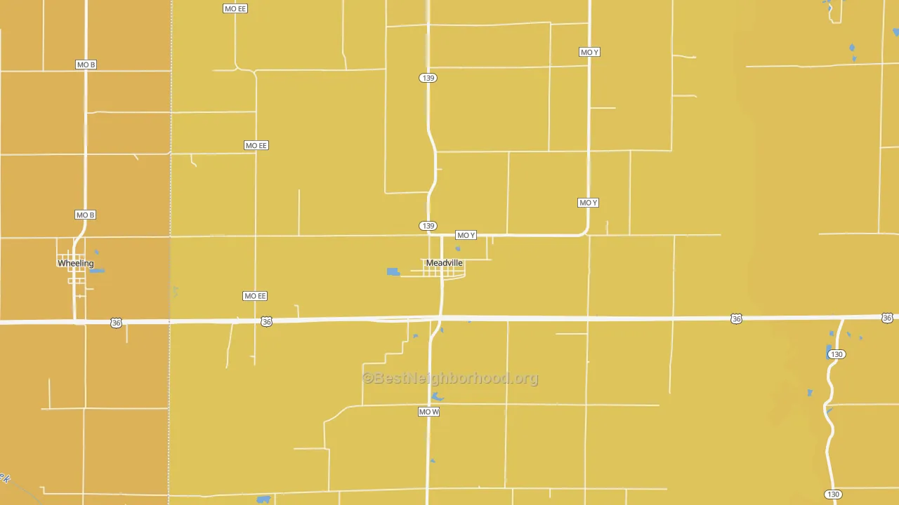 Map of the best neighborhoods in the 64659 area, with better matches in green and worse matches in red