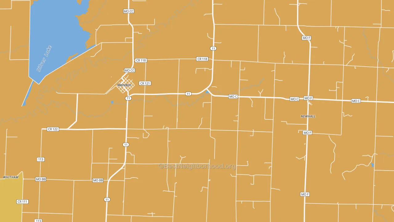 Map of the best neighborhoods in the 64660 area, with better matches in green and worse matches in red