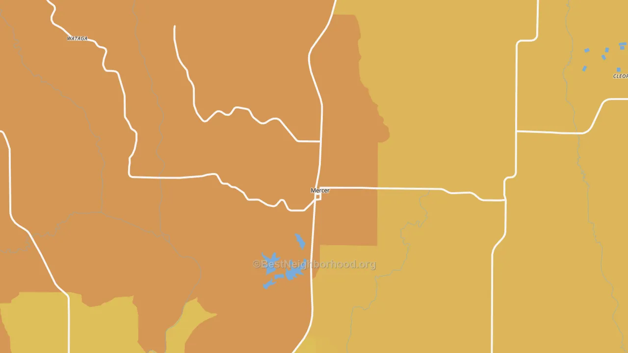 Map of the best neighborhoods in the 64661 area, with better matches in green and worse matches in red