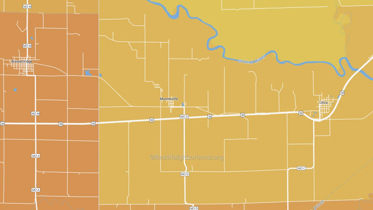Map of the best neighborhoods in the 64664 area, with better matches in green and worse matches in red