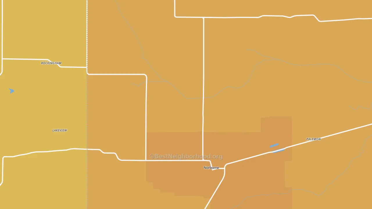 Map of the best neighborhoods in the 64668 area, with better matches in green and worse matches in red