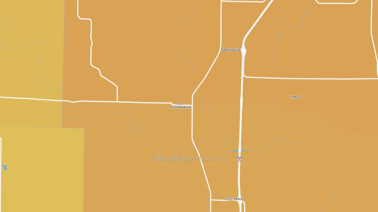 Map of the best neighborhoods in the 64670 area, with better matches in green and worse matches in red