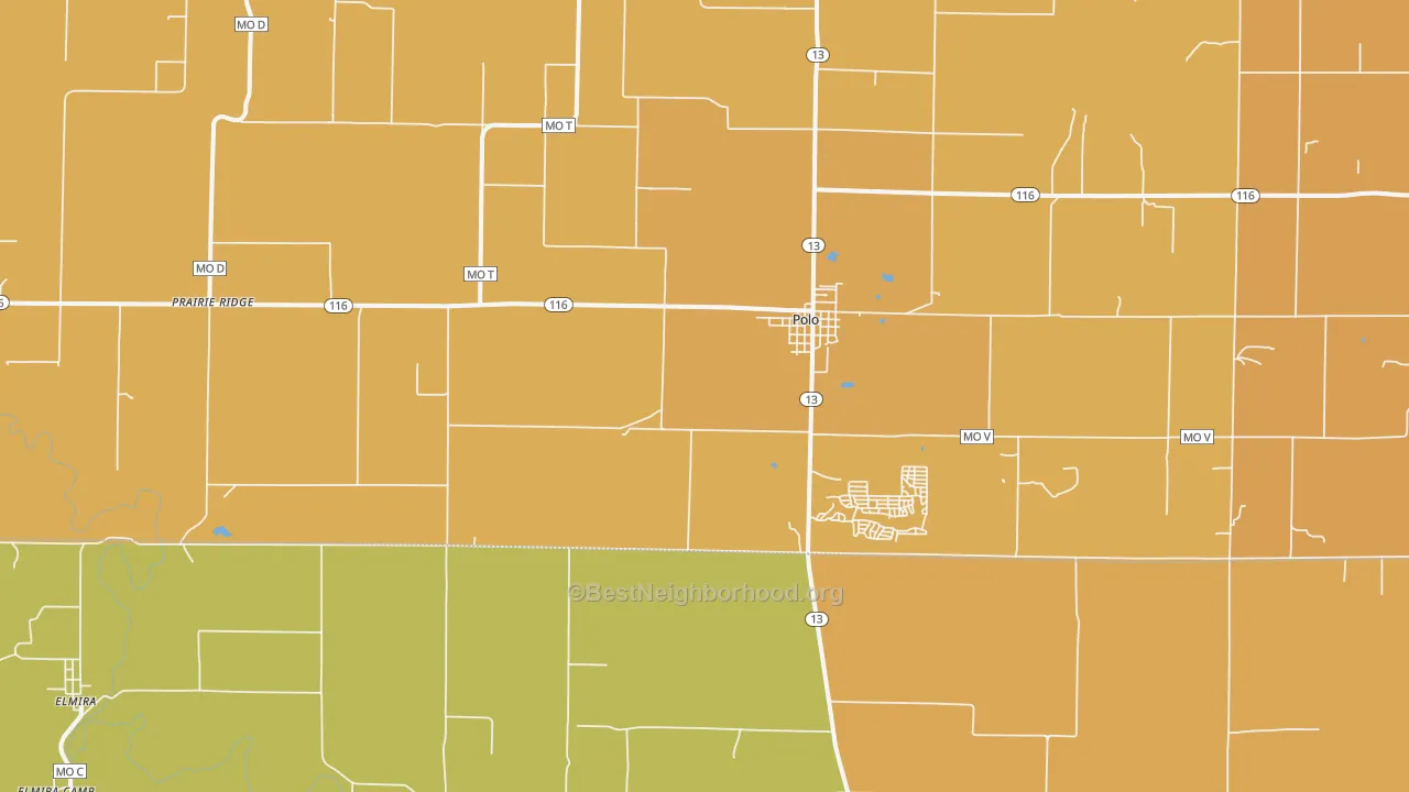 Map of the best neighborhoods in the 64671 area, with better matches in green and worse matches in red