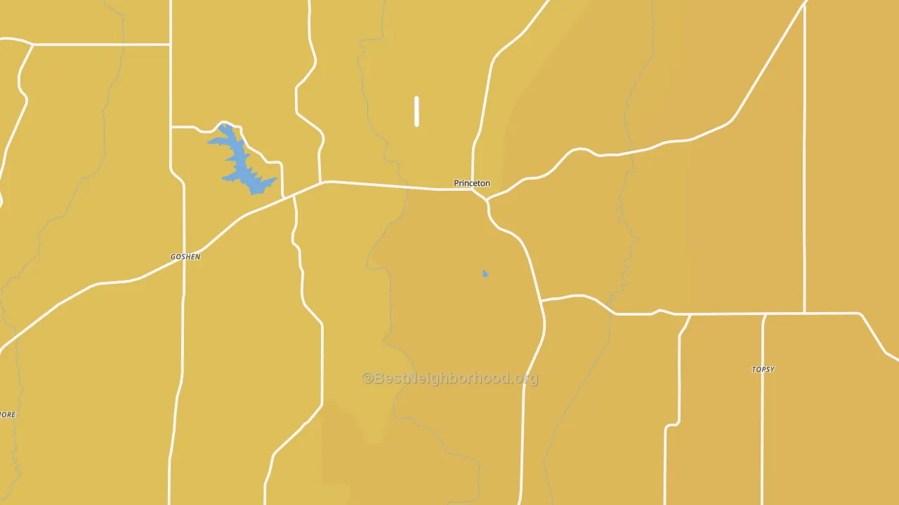 Map of the best neighborhoods in the 64673 area, with better matches in green and worse matches in red