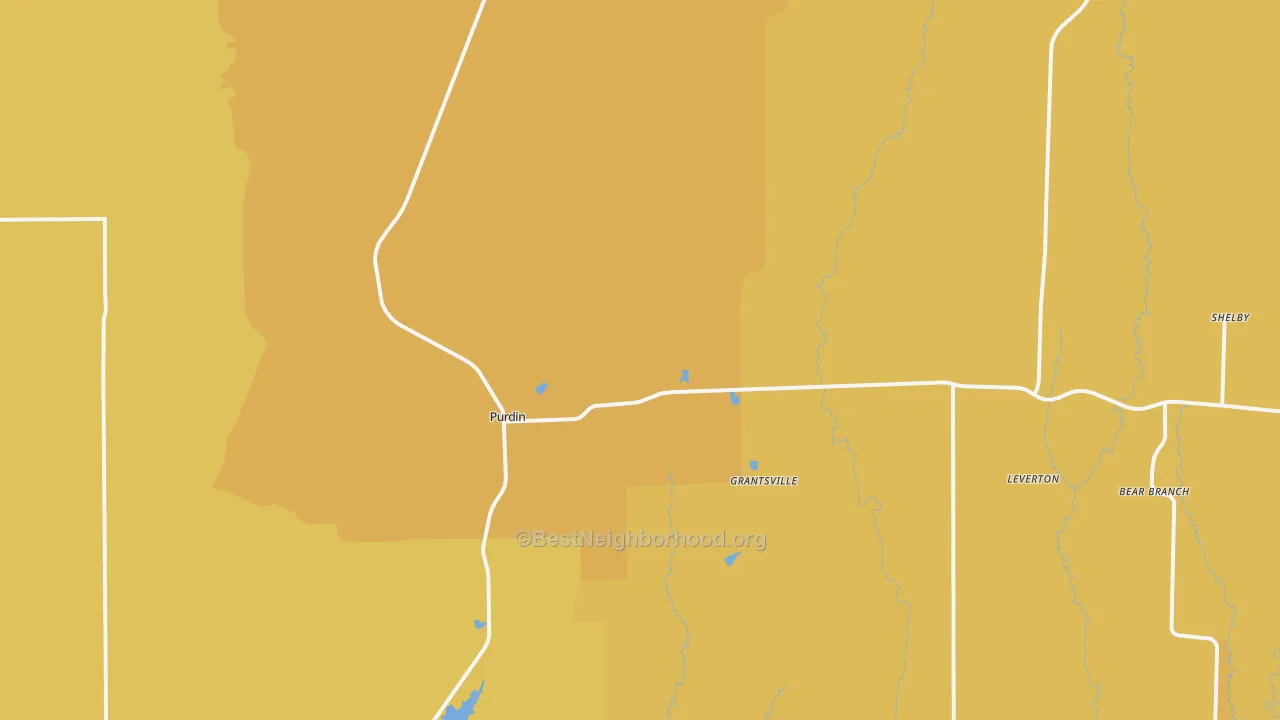 Map of the best neighborhoods in the 64674 area, with better matches in green and worse matches in red