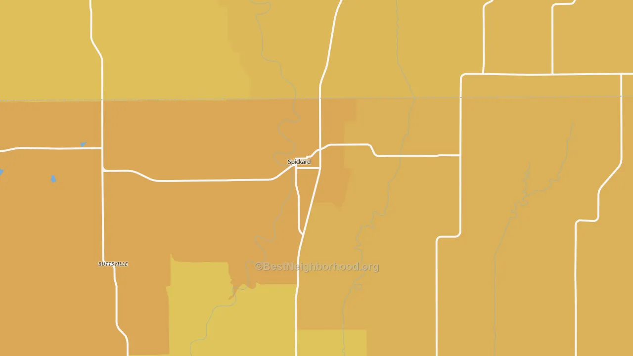Map of the best neighborhoods in the 64679 area, with better matches in green and worse matches in red