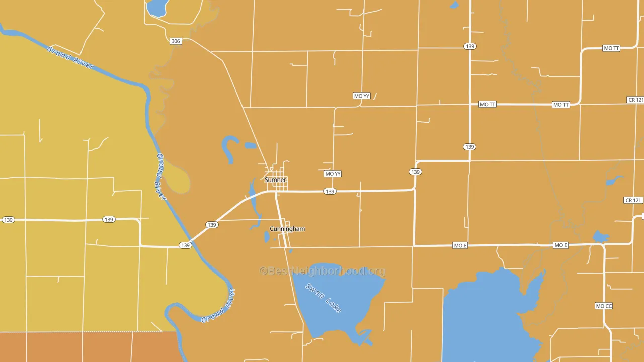 Map of the best neighborhoods in the 64681 area, with better matches in green and worse matches in red