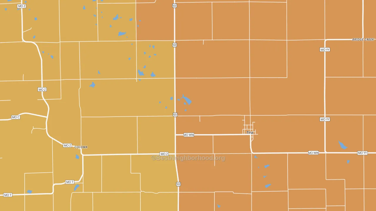 Map of the best neighborhoods in the 64682 area, with better matches in green and worse matches in red