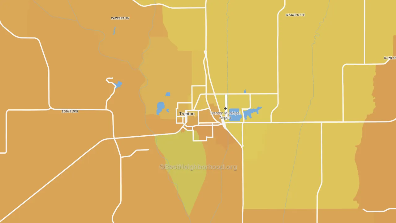 Map of the best neighborhoods in the 64683 area, with better matches in green and worse matches in red