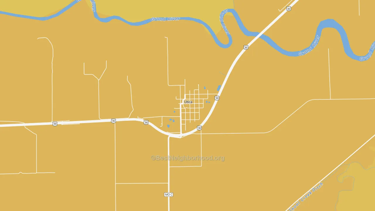 Map of the best neighborhoods in the 64686 area, with better matches in green and worse matches in red