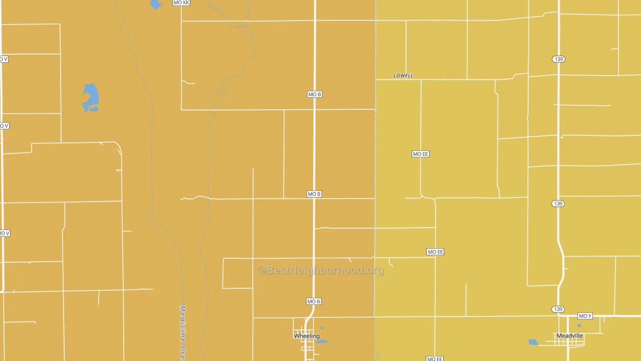 Map of the best neighborhoods in the 64688 area, with better matches in green and worse matches in red