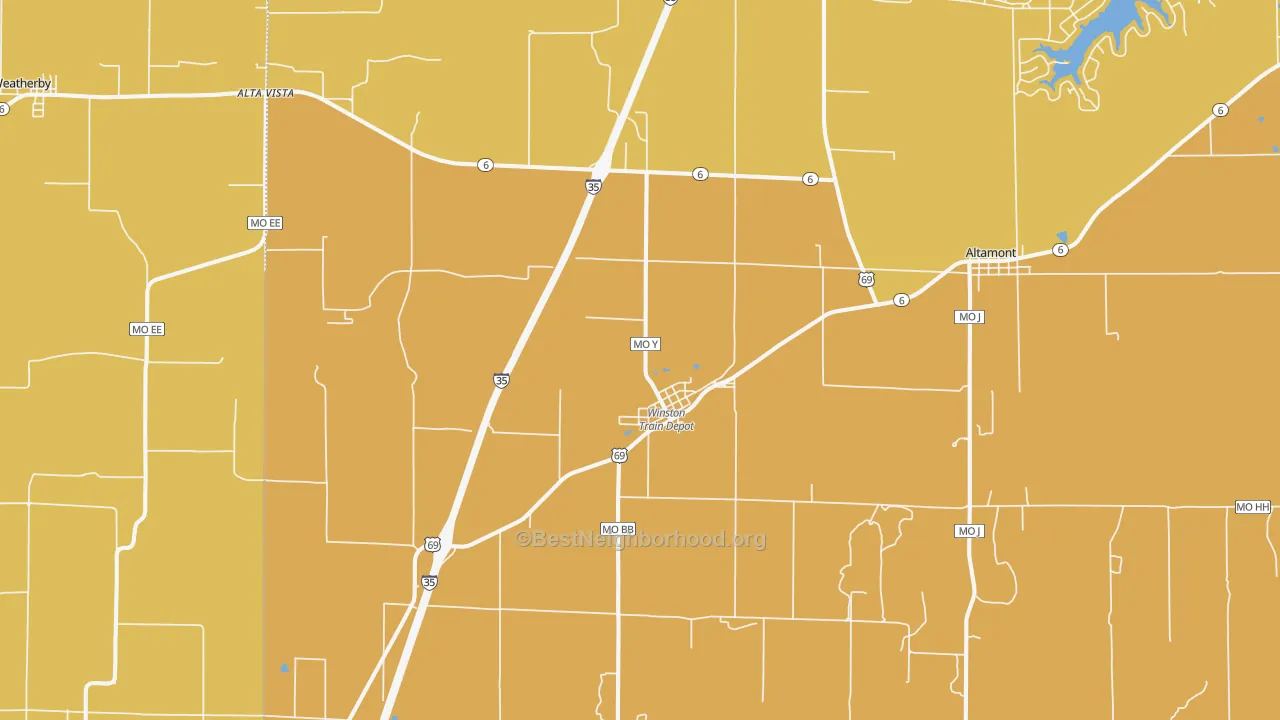 Map of the best neighborhoods in the 64689 area, with better matches in green and worse matches in red