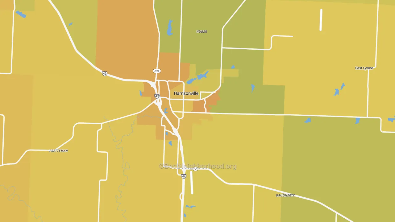 Map of the best neighborhoods in the 64701 area, with better matches in green and worse matches in red