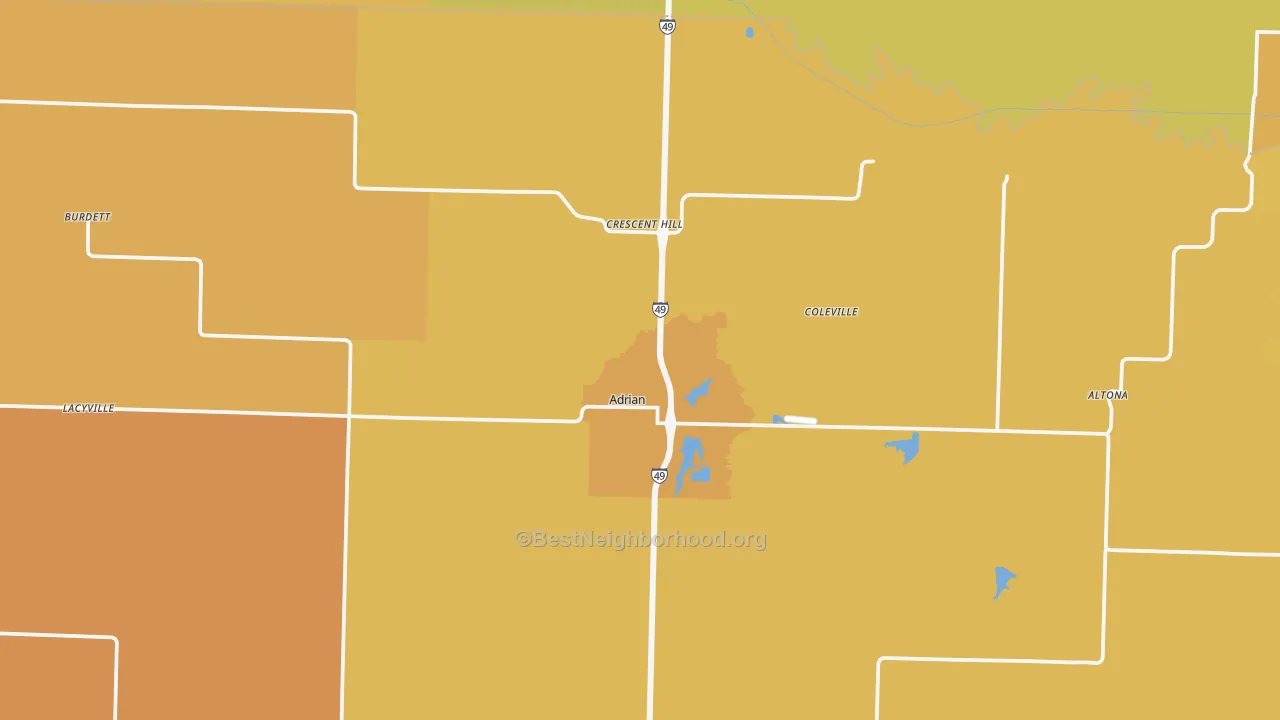 Map of the best neighborhoods in the 64720 area, with better matches in green and worse matches in red