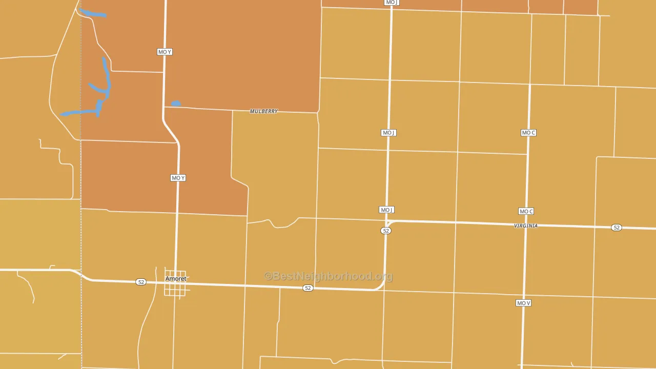 Map of the best neighborhoods in the 64722 area, with better matches in green and worse matches in red