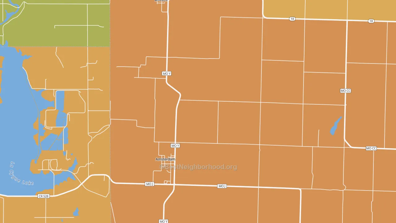 Map of the best neighborhoods in the 64723 area, with better matches in green and worse matches in red