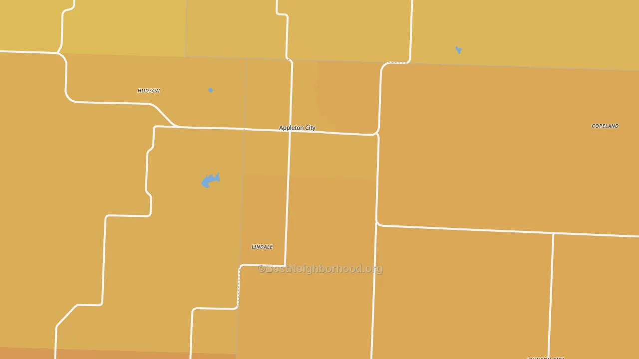 Map of the best neighborhoods in the 64724 area, with better matches in green and worse matches in red