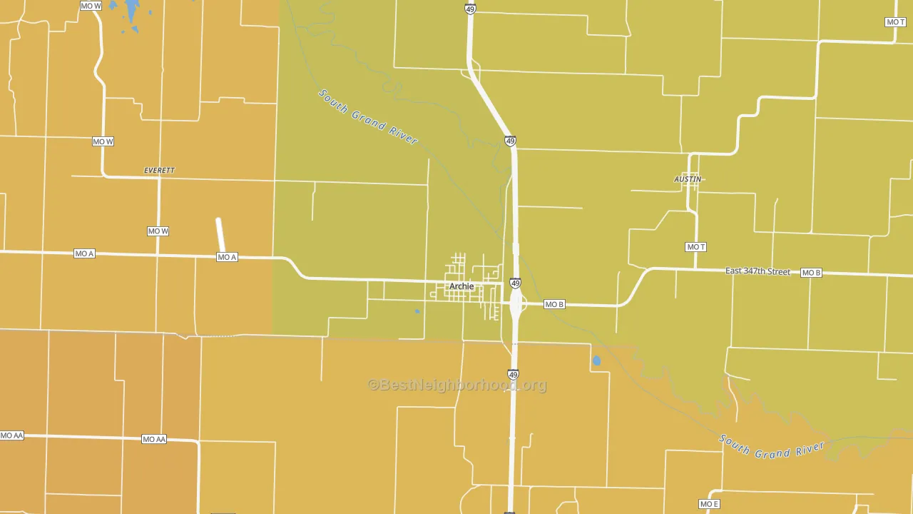 Map of the best neighborhoods in the 64725 area, with better matches in green and worse matches in red