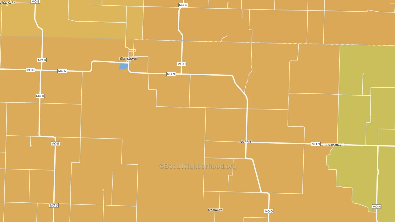 Map of the best neighborhoods in the 64726 area, with better matches in green and worse matches in red