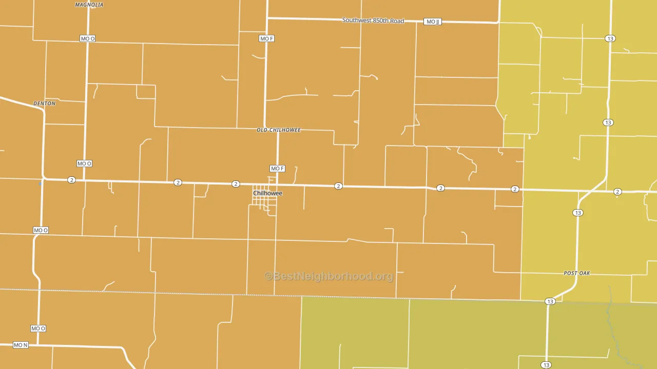 Map of the best neighborhoods in the 64733 area, with better matches in green and worse matches in red
