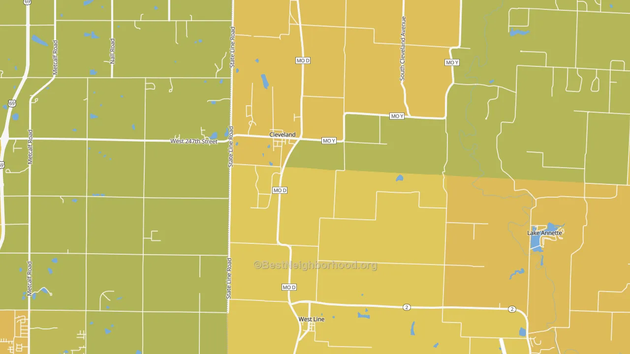 Map of the best neighborhoods in the 64734 area, with better matches in green and worse matches in red