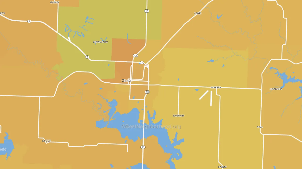 Map of the best neighborhoods in the 64735 area, with better matches in green and worse matches in red