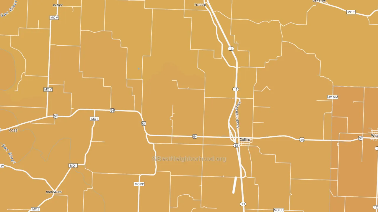 Map of the best neighborhoods in the 64738 area, with better matches in green and worse matches in red